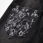 Raw-Edge Hem Heavily Embroidered Denim Skirt