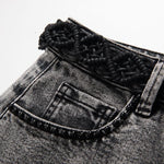 Vintage-Wash Pearl-Embroidered Denim Skirt