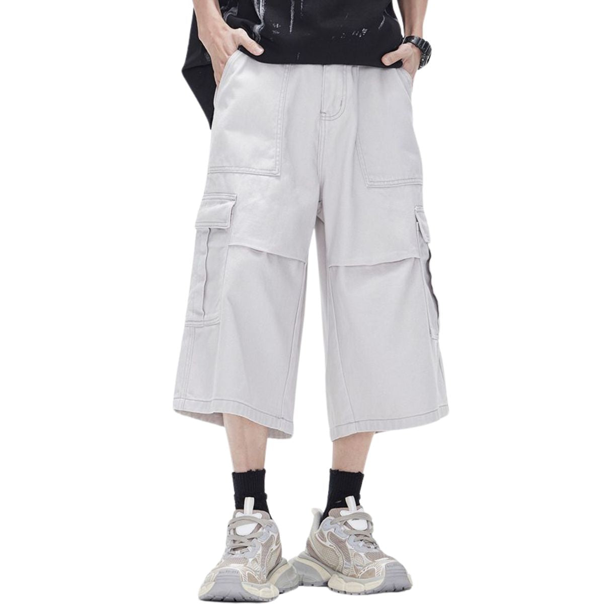 Solid Cargo Wide-Leg Cropped Pants