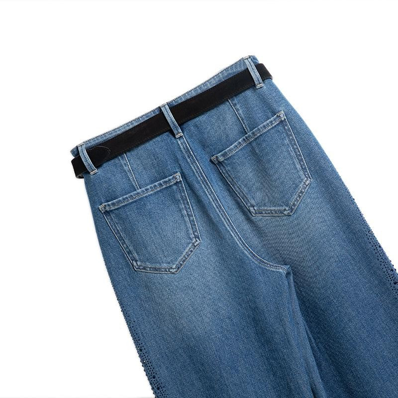 Floral-Embroidered Cut-Out Jeans with Rhinestones