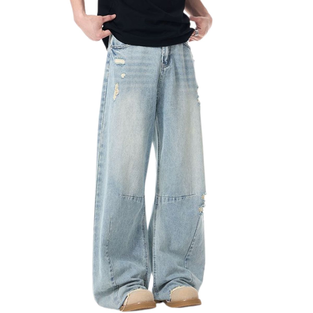 Whisker Barrel-Leg Ripped Denim Pants