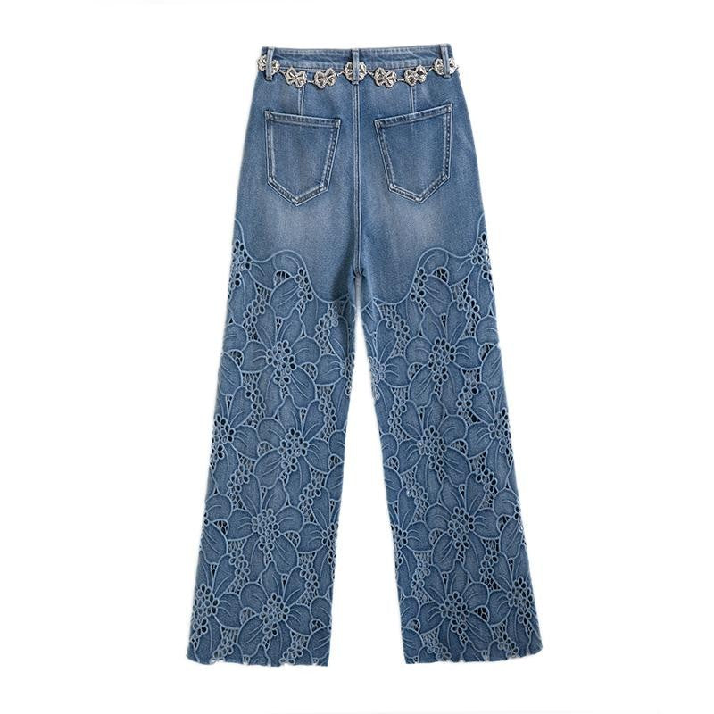Rhinestone-Transferred & Embroidered Cut-Out Jeans