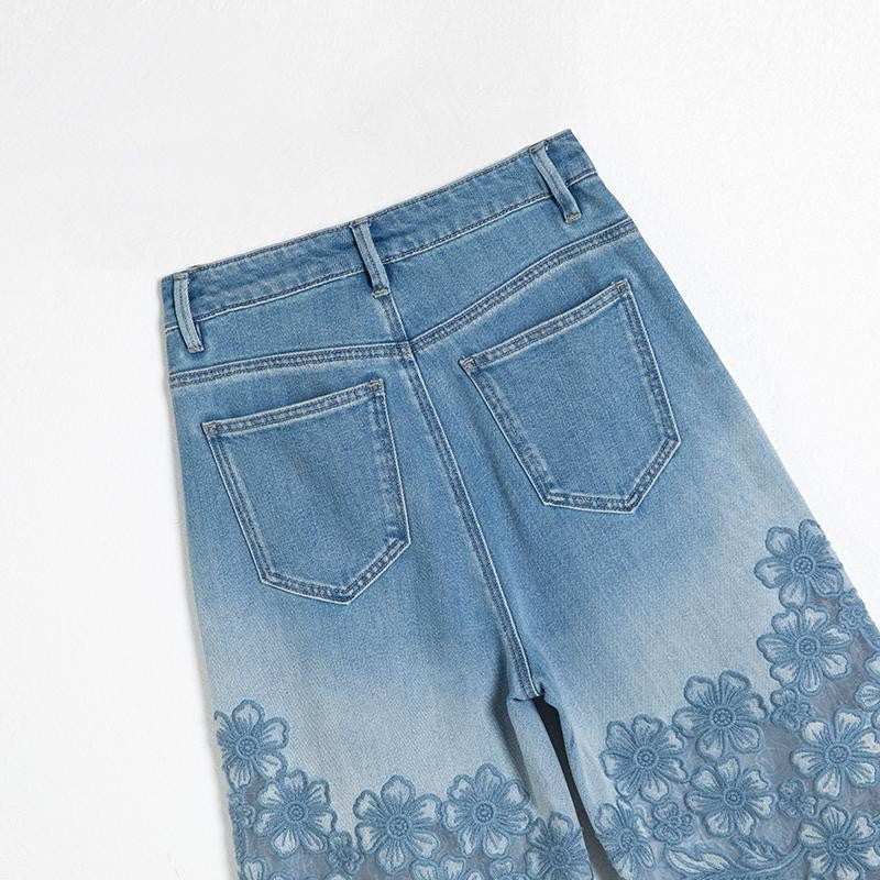 Organza Patchwork Floral-Embroidered Bootcut Jeans