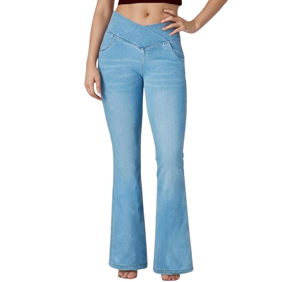 Crossover Waist Knit Denim Bootcut Pants