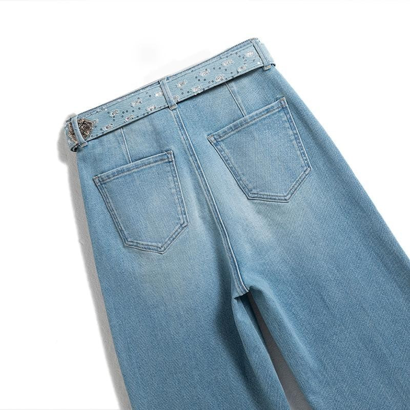Wide-Leg Rhinestone & Embroidered Cut-Out Jeans