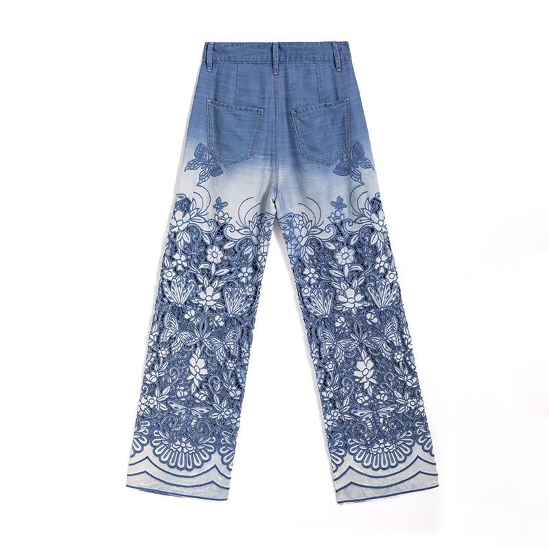 Butterfly Floral Embroidered Cut-Outs Ombré Jeans