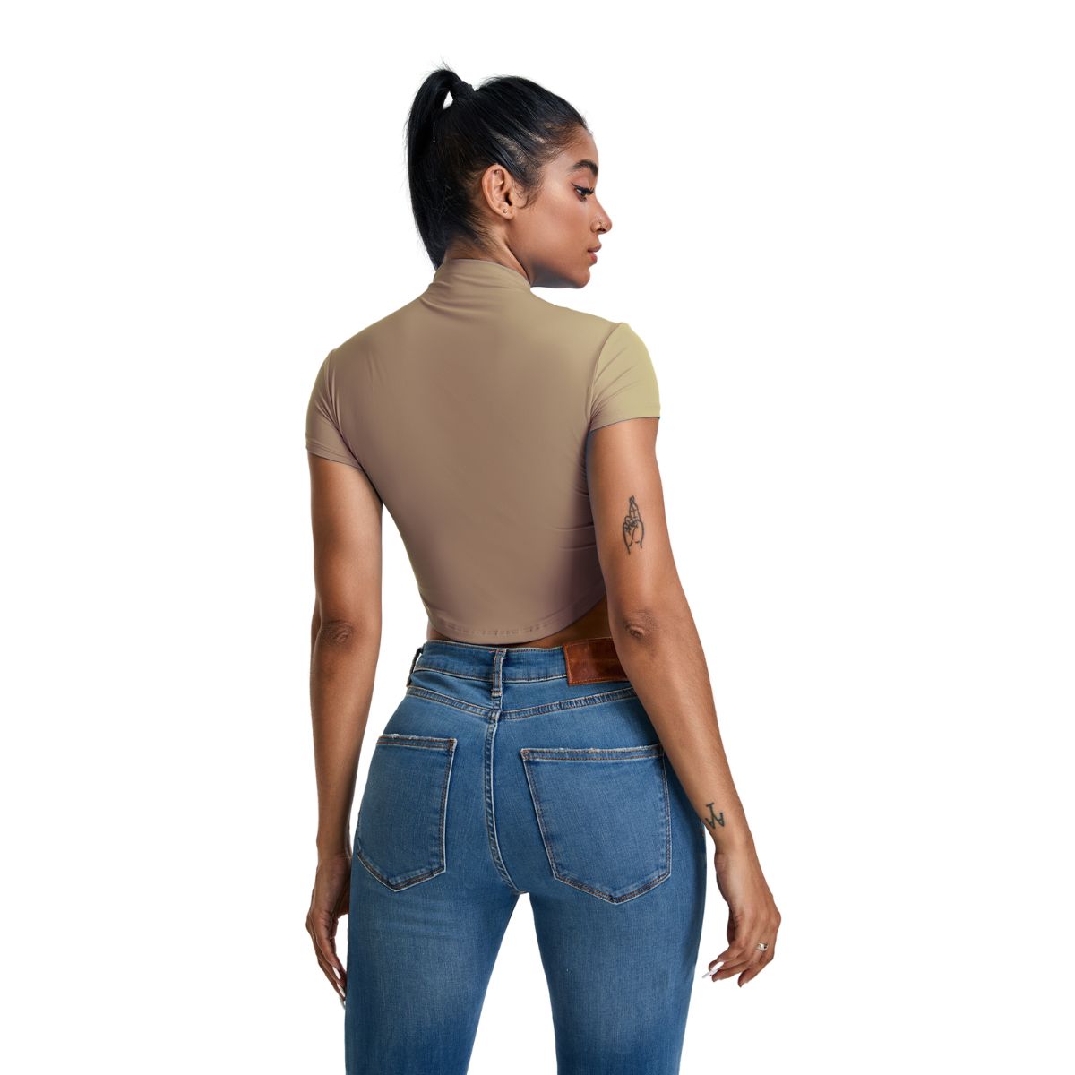Mock Neck Curved-Hem Crop Tee