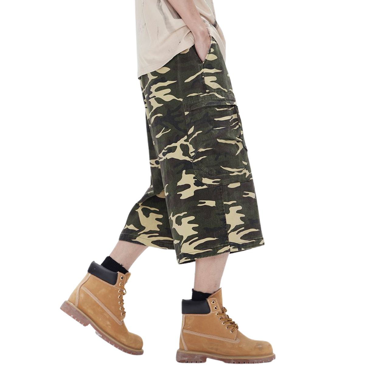 Cargo Camouflage Wide-Leg Cropped Pants
