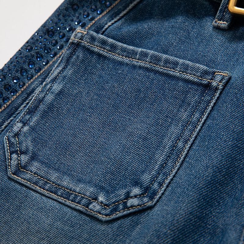 Floral-Embroidered Cut-Out Jeans with Rhinestones