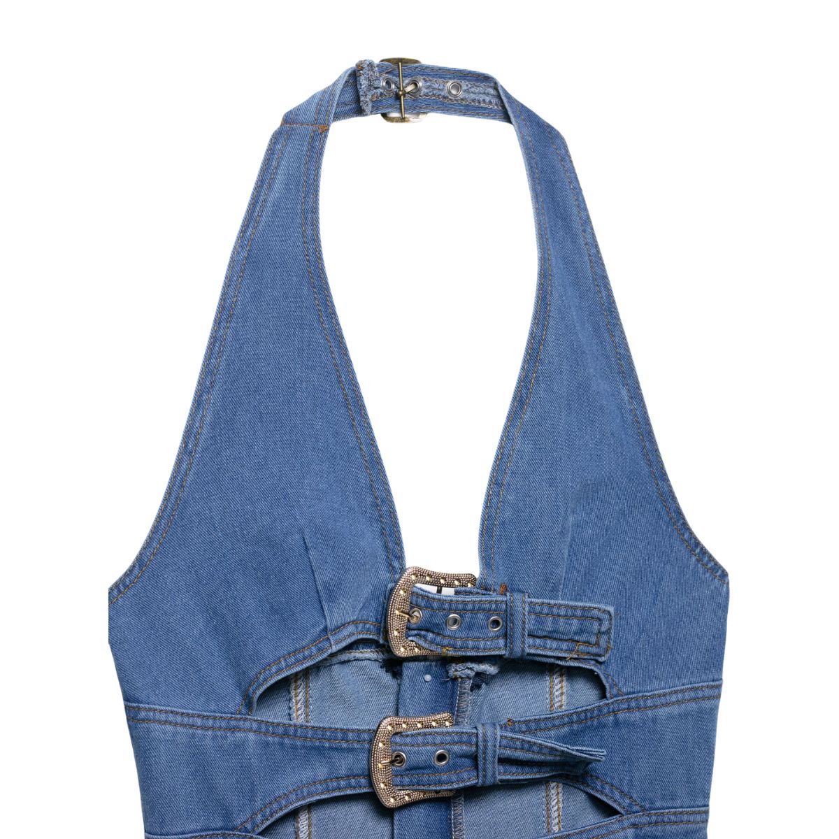 Cut-Out Denim Halter Mini Dress