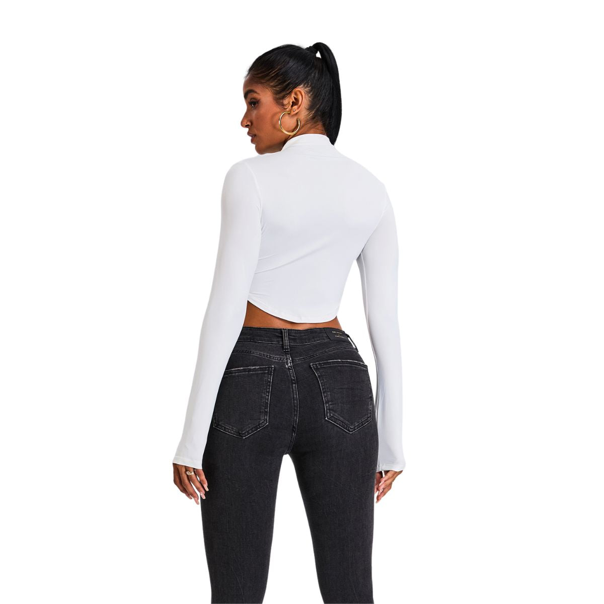 Mock Neck Curved-Hem Long-Sleeve Top