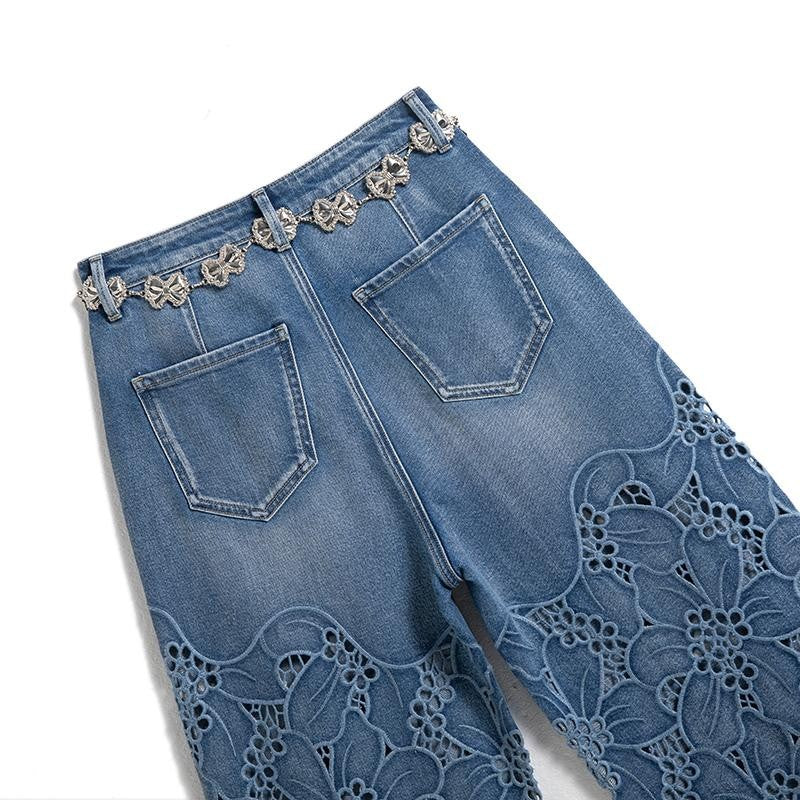 Rhinestone-Transferred & Embroidered Cut-Out Jeans