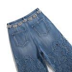 Rhinestone-Transferred & Embroidered Cut-Out Jeans