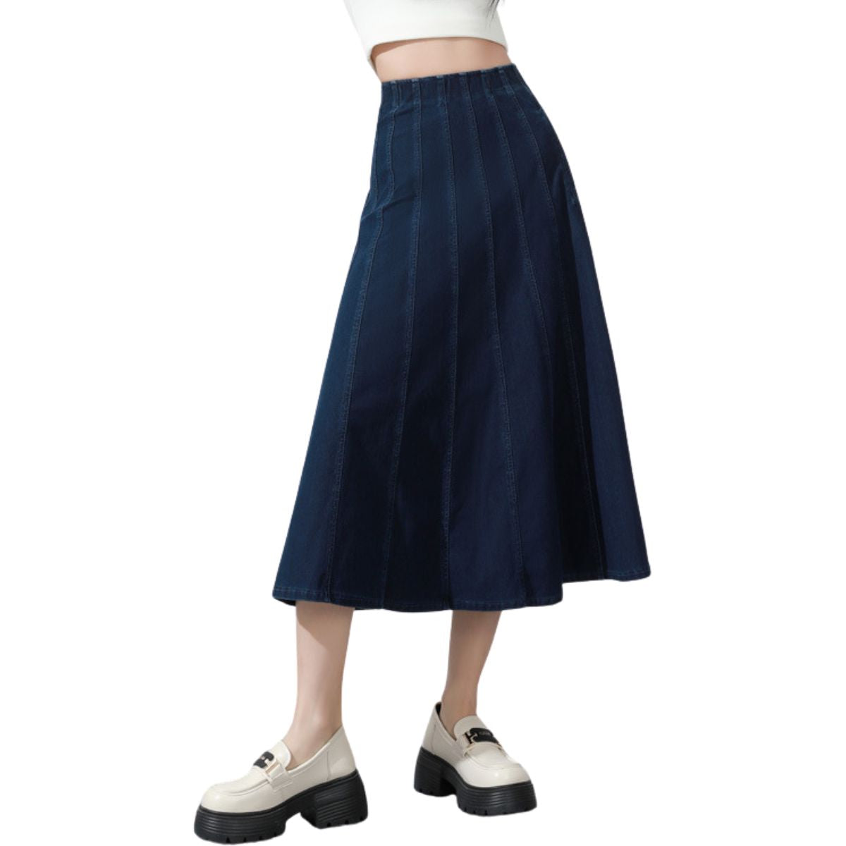 High-Waisted Pleated Knit Denim Midi Skirt