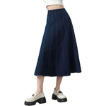 High-Waisted Pleated Knit Denim Midi Skirt