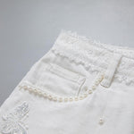 Pearl-embellished Embroidered Butterfly Denim Shorts