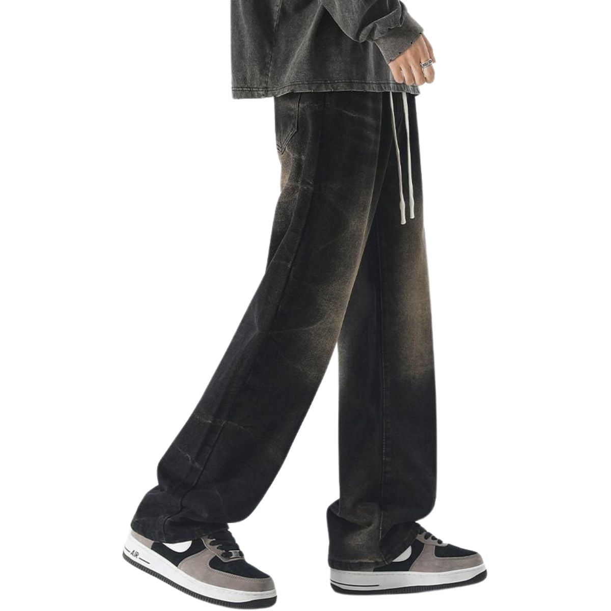 Drawstring Waist Vintage Washed Denim Jeans