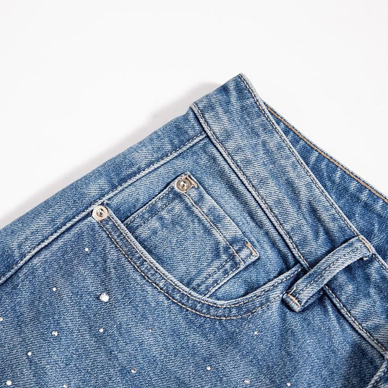 Raw Hem Floral Lace-Cut Jeans with Rhinestones