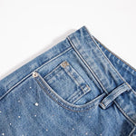 Raw Hem Floral Lace-Cut Jeans with Rhinestones