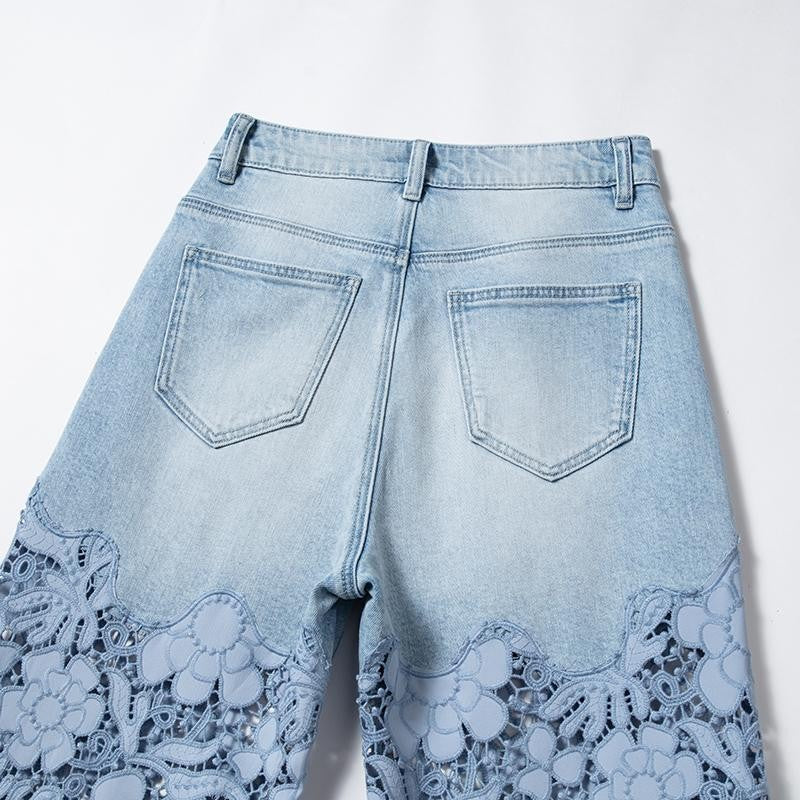 Embroidered Cut-Out Pearl Rhinestone Ankle Jeans