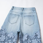 Embroidered Cut-Out Pearl Rhinestone Ankle Jeans