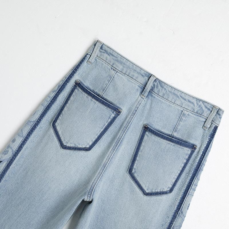 Lightweight Rhinestone & Embroidered Cut-Out Jeans