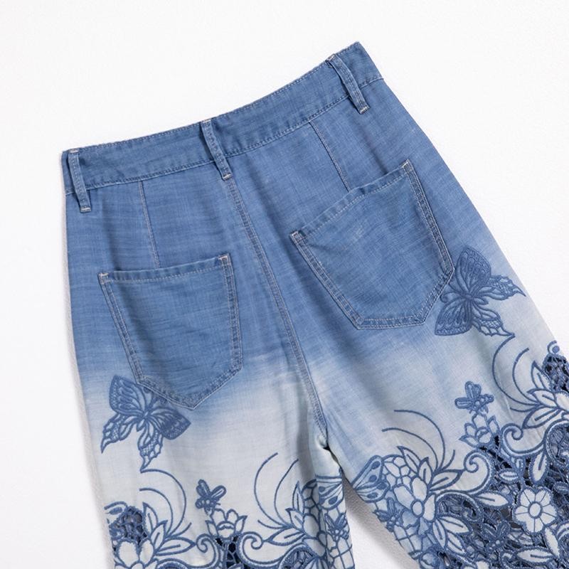 Butterfly Floral Embroidered Cut-Outs Ombré Jeans