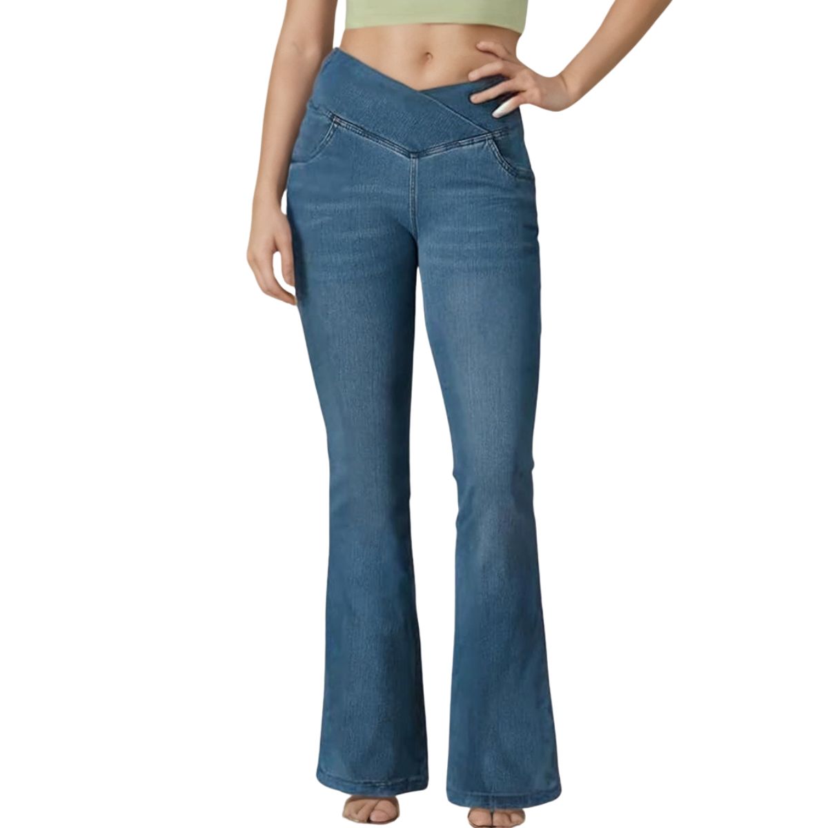 Crossover Waist Knit Denim Bootcut Pants