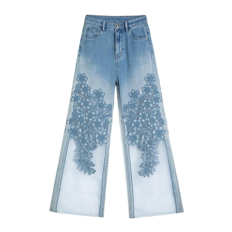 Organza Patchwork Floral-Embroidered Bootcut Jeans
