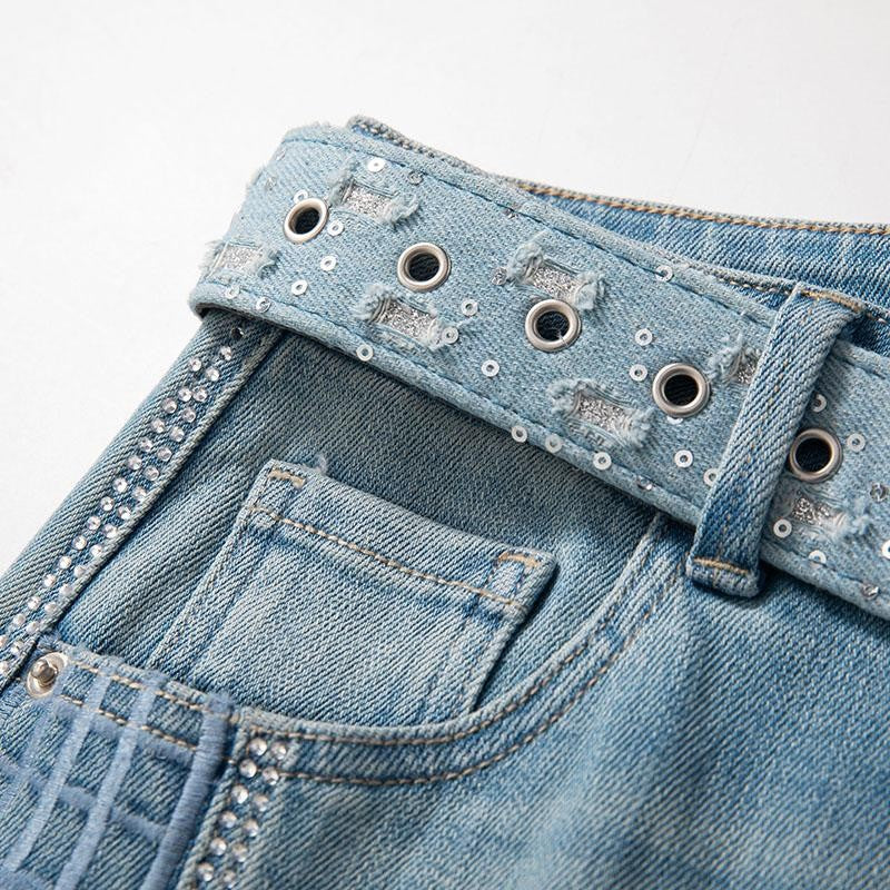 Wide-Leg Rhinestone & Embroidered Cut-Out Jeans