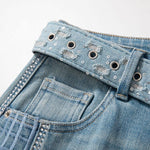 Wide-Leg Rhinestone & Embroidered Cut-Out Jeans