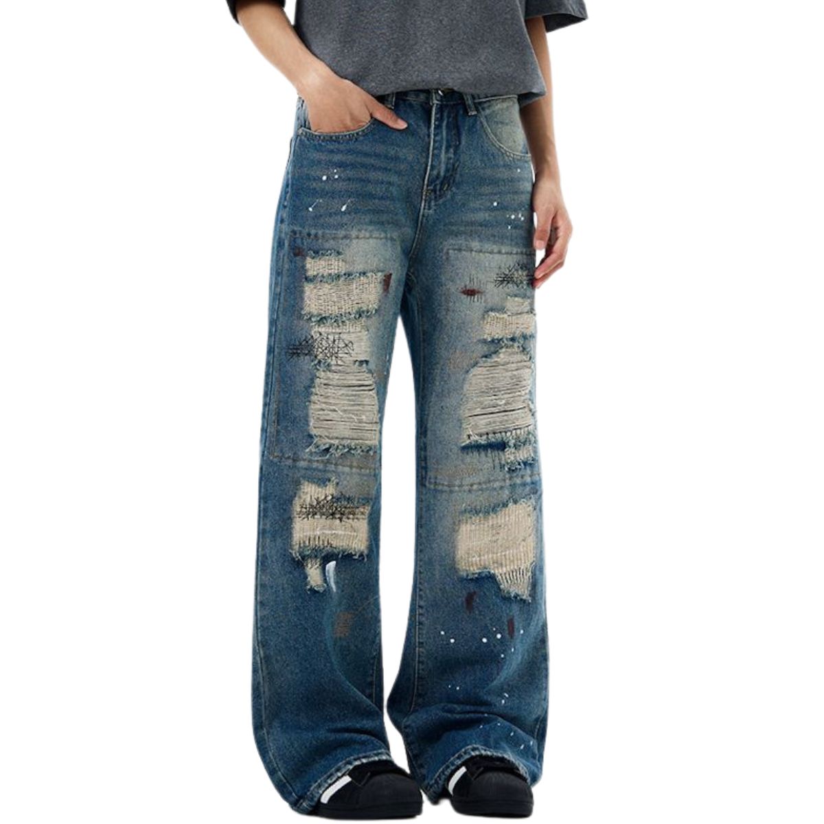 Patched & Painted Ripped Denim Jeans