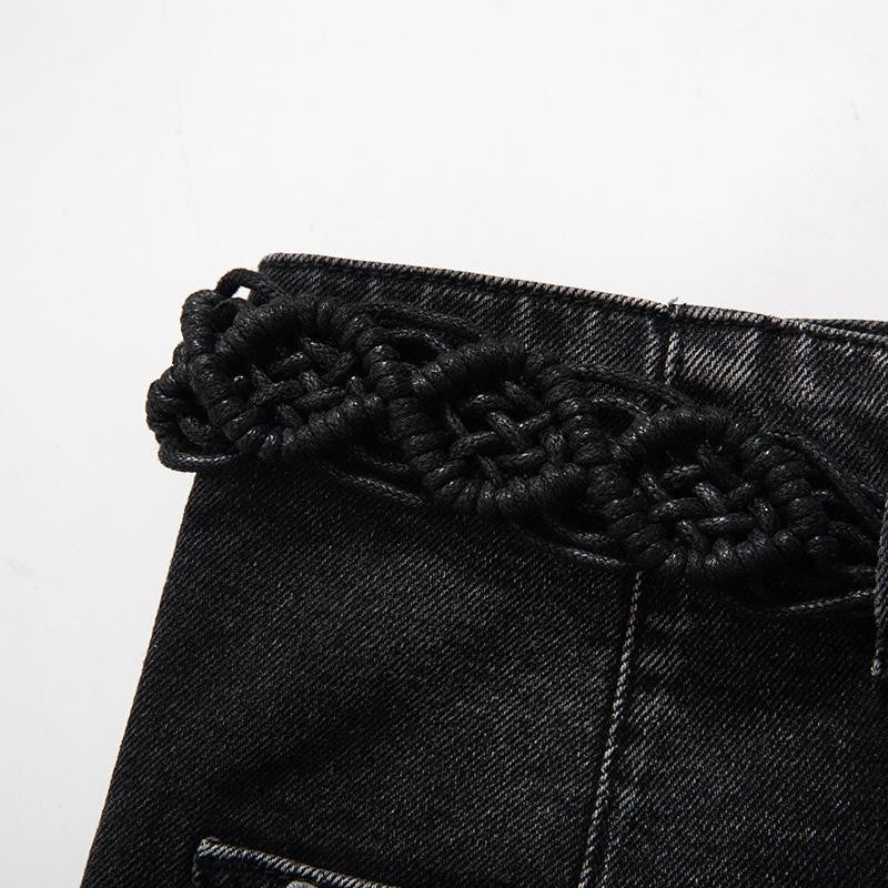 Raw-Edge Hem Heavily Embroidered Denim Skirt