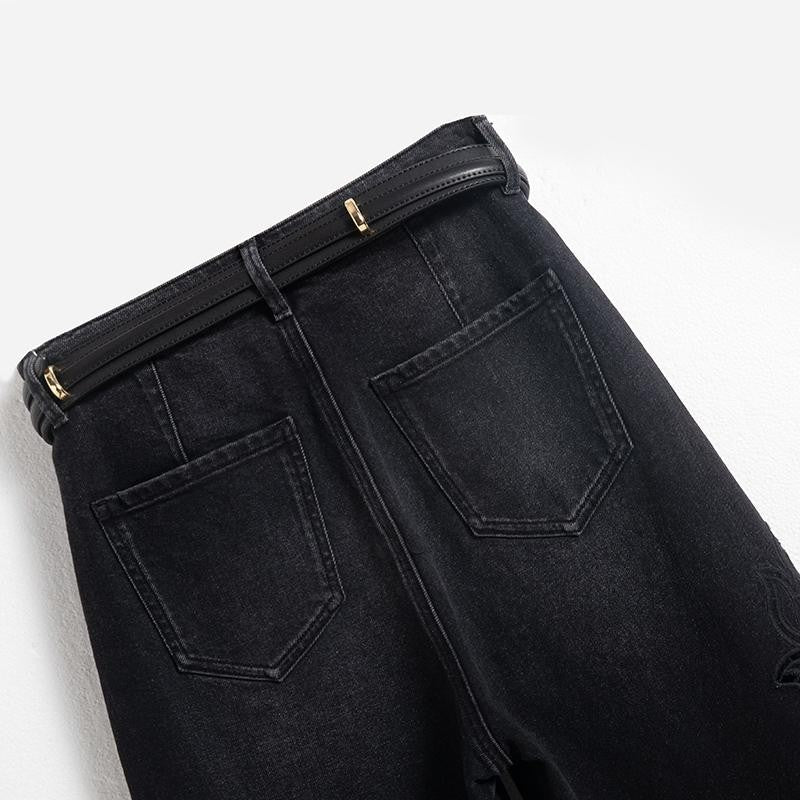 High-Waisted Pearl-Beaded Cut-Out Jeans