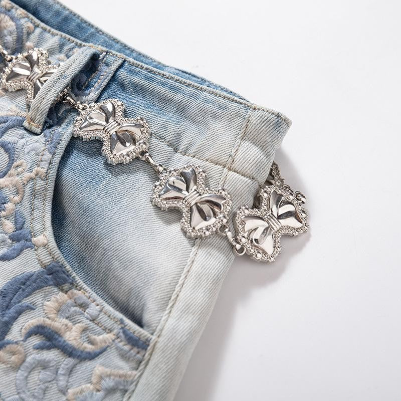 Raw-Edge Hem Heavily Embroidered Denim Skirt