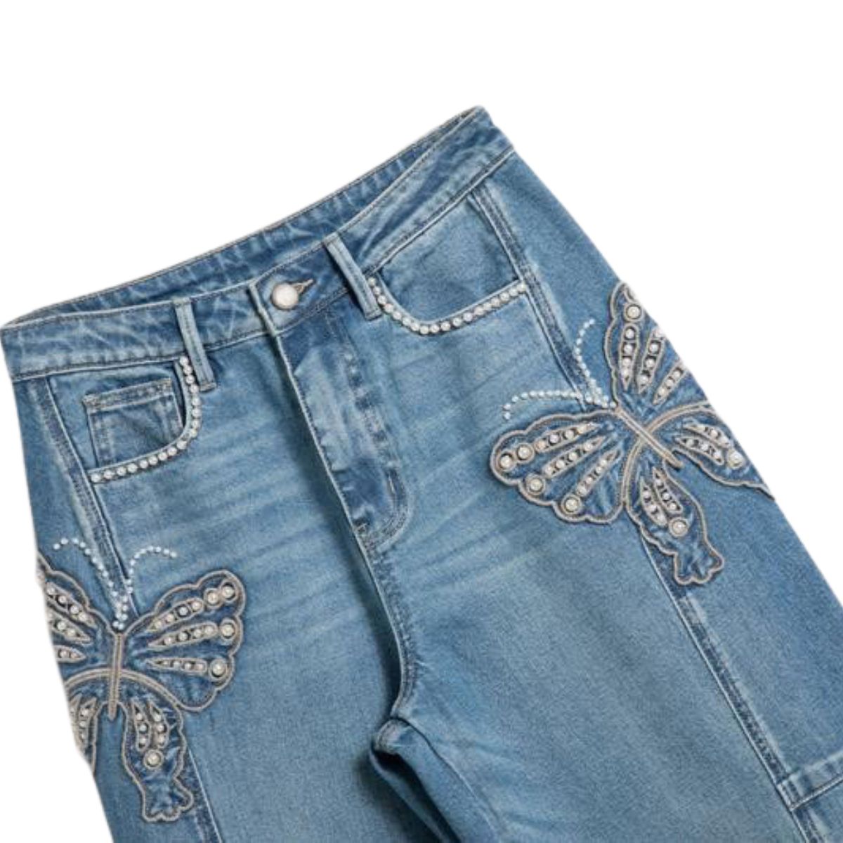 Pearl-Embellished & Butterfly-Embroidered Baggy Jeans