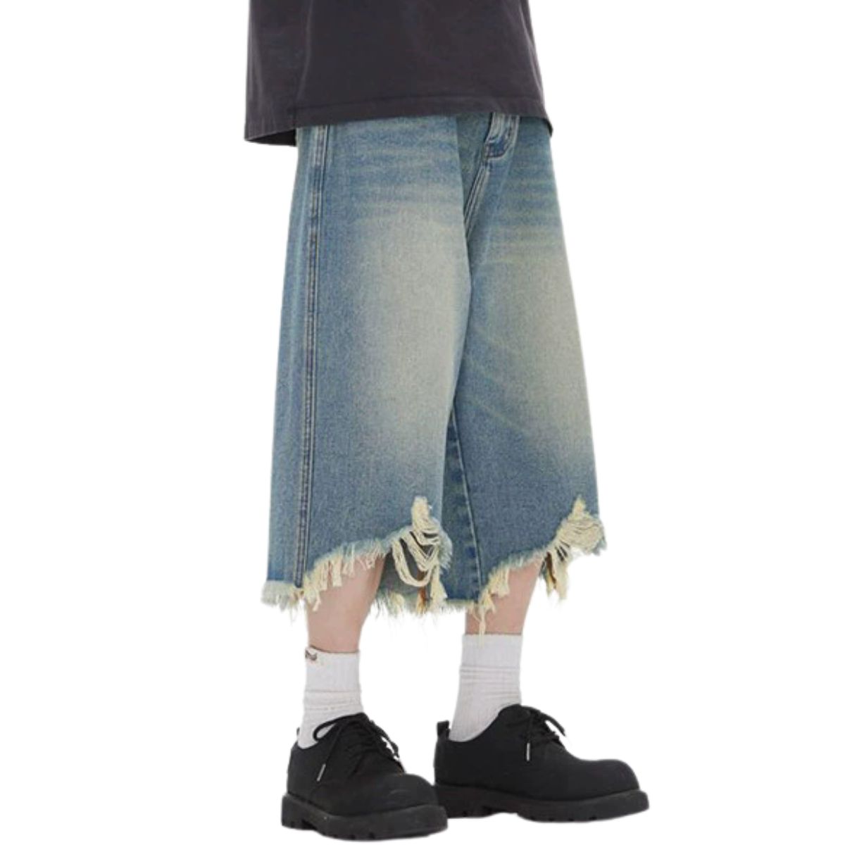 Destroyed Raw-Hem Wide-Leg Cropped Jeans