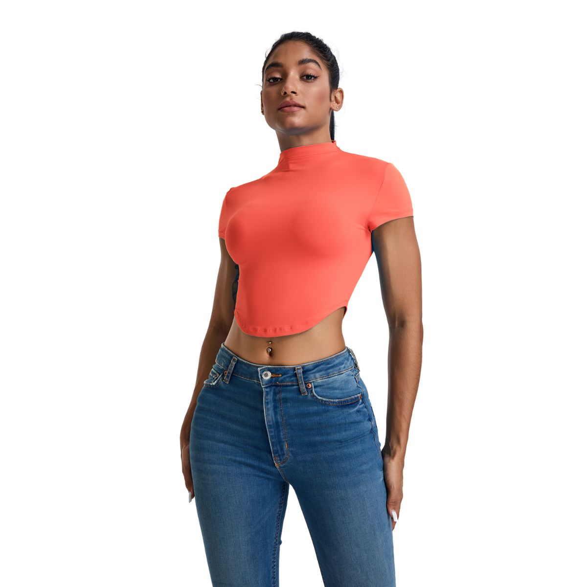 Mock Neck Curved-Hem Crop Tee