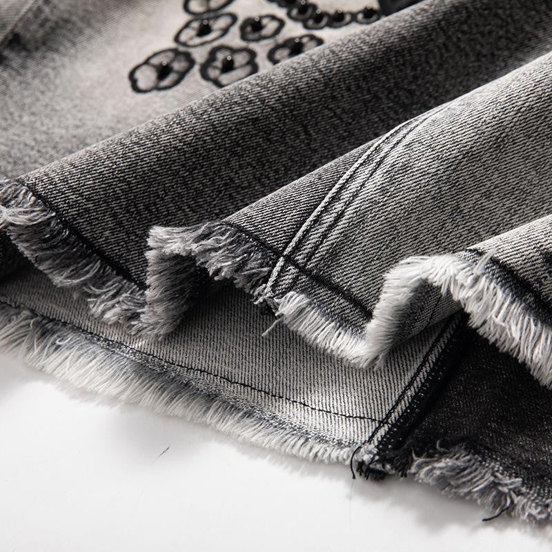 Vintage-Wash Pearl-Embroidered Denim Skirt