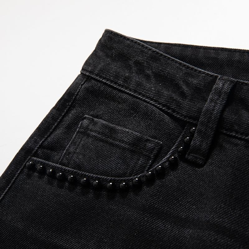 Rose Embroidered Lace-Cut Jeans with Pearl Beading