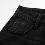 Rose Embroidered Lace-Cut Jeans with Pearl Beading