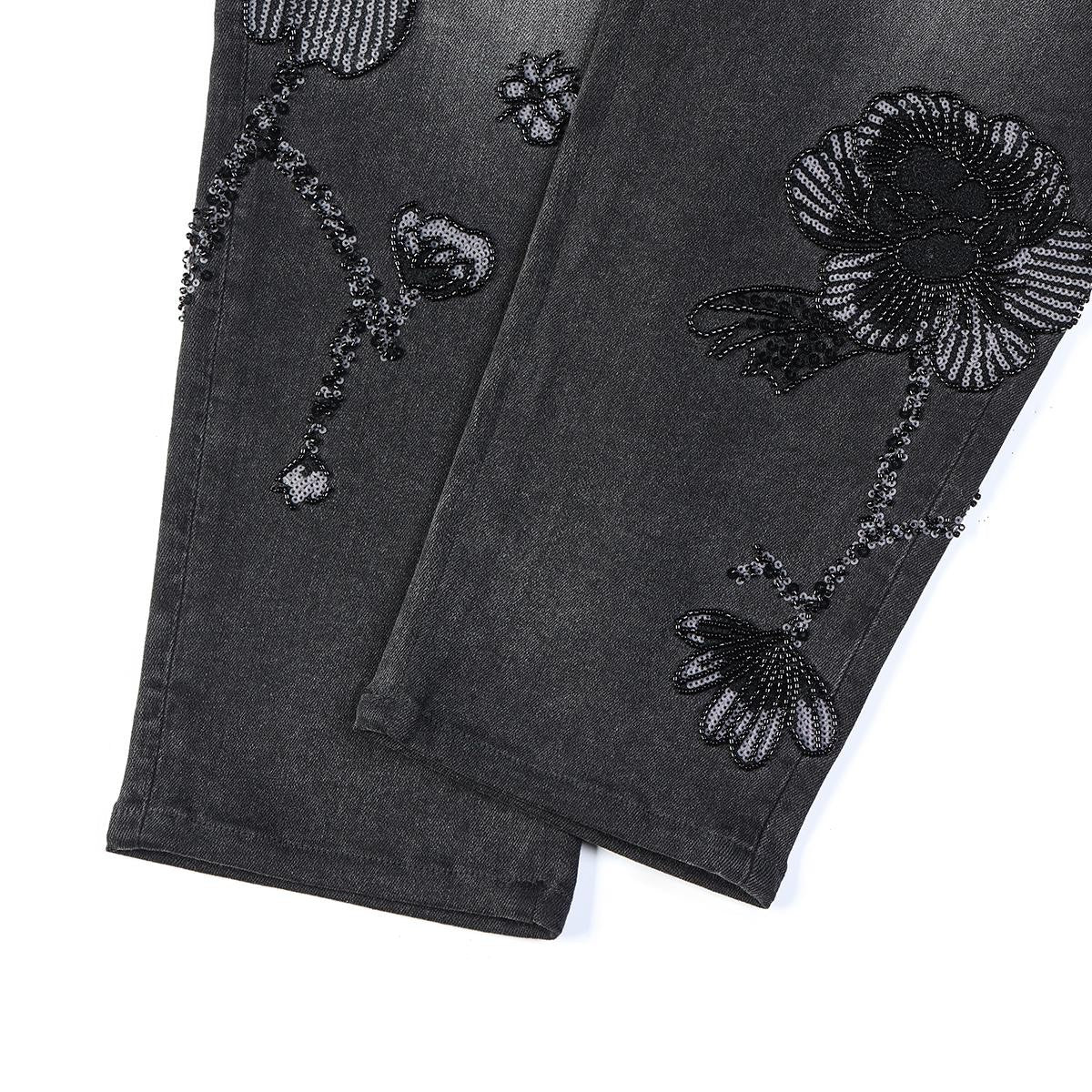 Sequined & Beaded Floral Embroidery Tapered Ankle Jeans