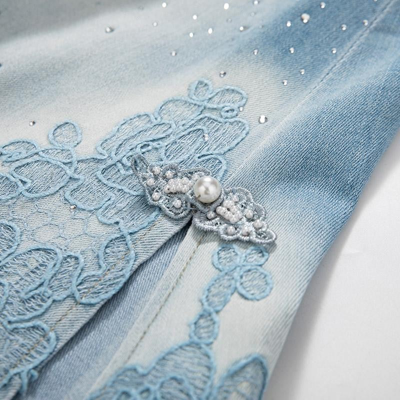 Heavy-Embroidered Rhinestone Denim A-Line Skirt