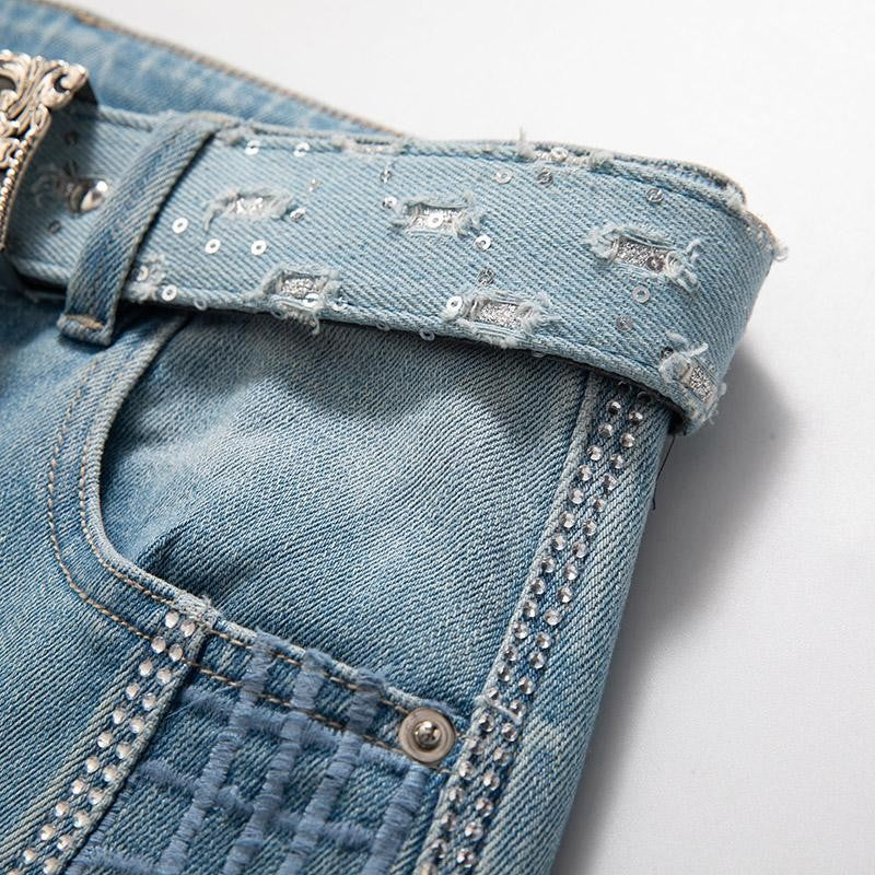 Wide-Leg Rhinestone & Embroidered Cut-Out Jeans