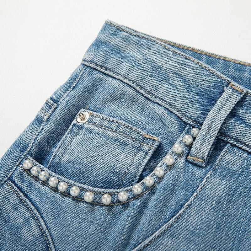 Pearl-Beaded Frog Closure Jeans with Cut-Outs