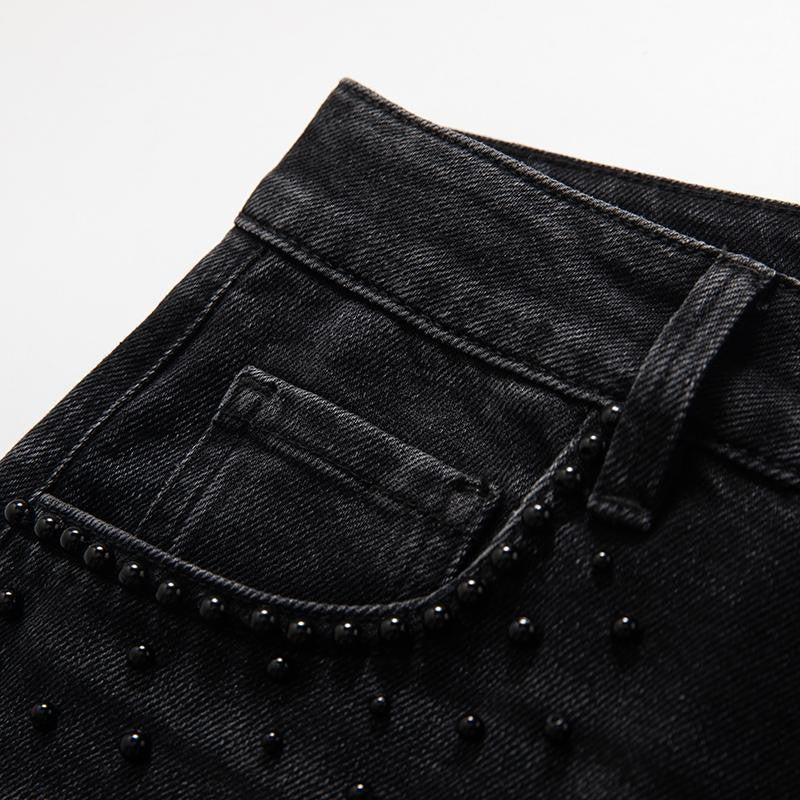 High-Waisted Pearl-Beaded Cut-Out Jeans