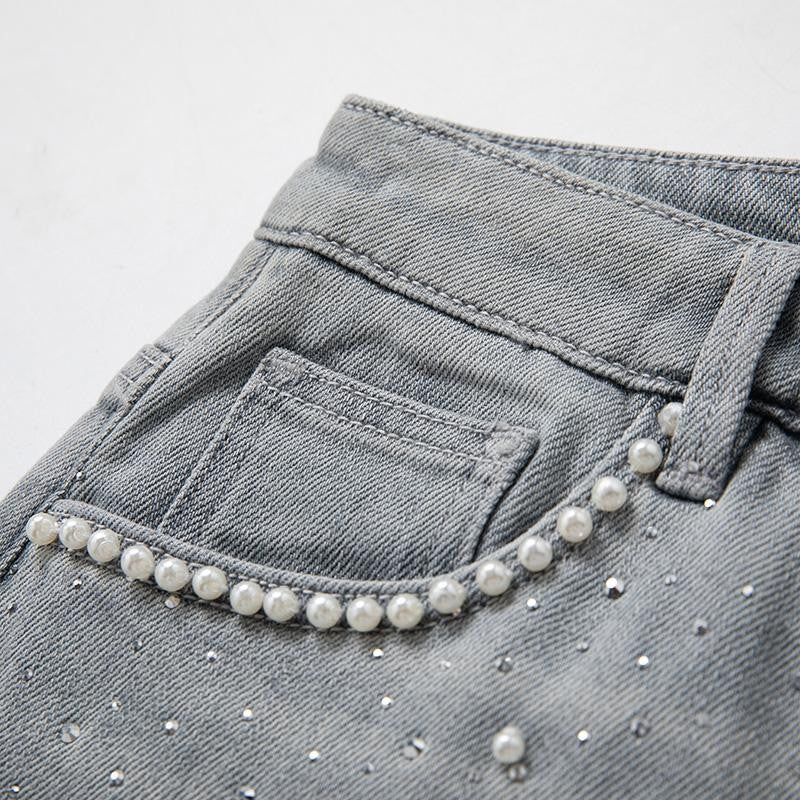 Pearl & Rhinestone Lace-Cut Denim Shorts