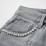Pearl & Rhinestone Lace-Cut Denim Shorts