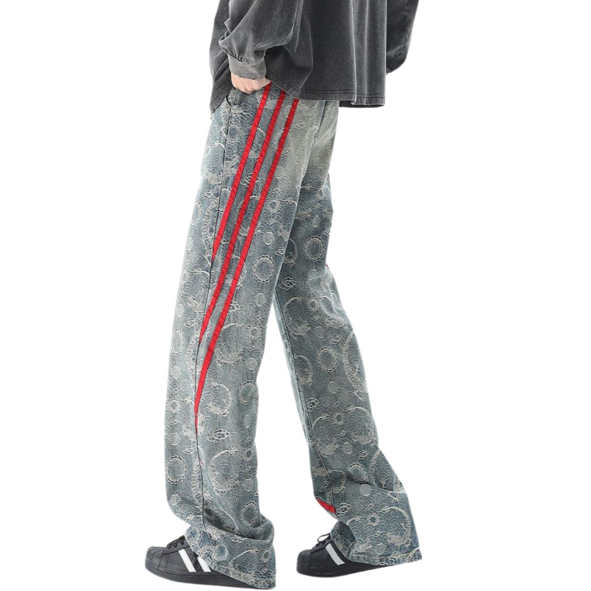 Side Stripe Jacquard-Print Wide-Leg Jeans