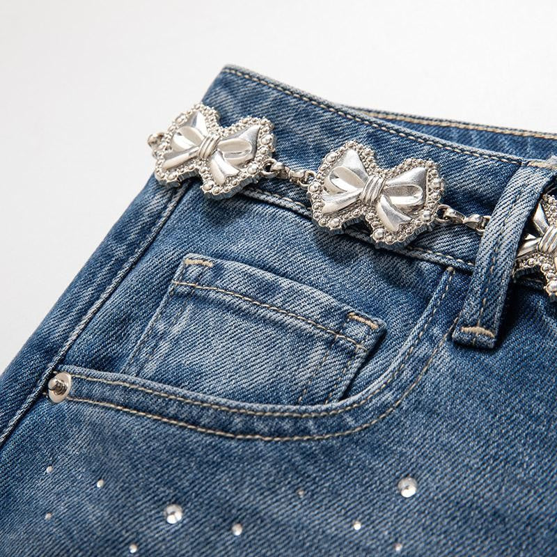 Rhinestone-Transferred & Embroidered Cut-Out Jeans